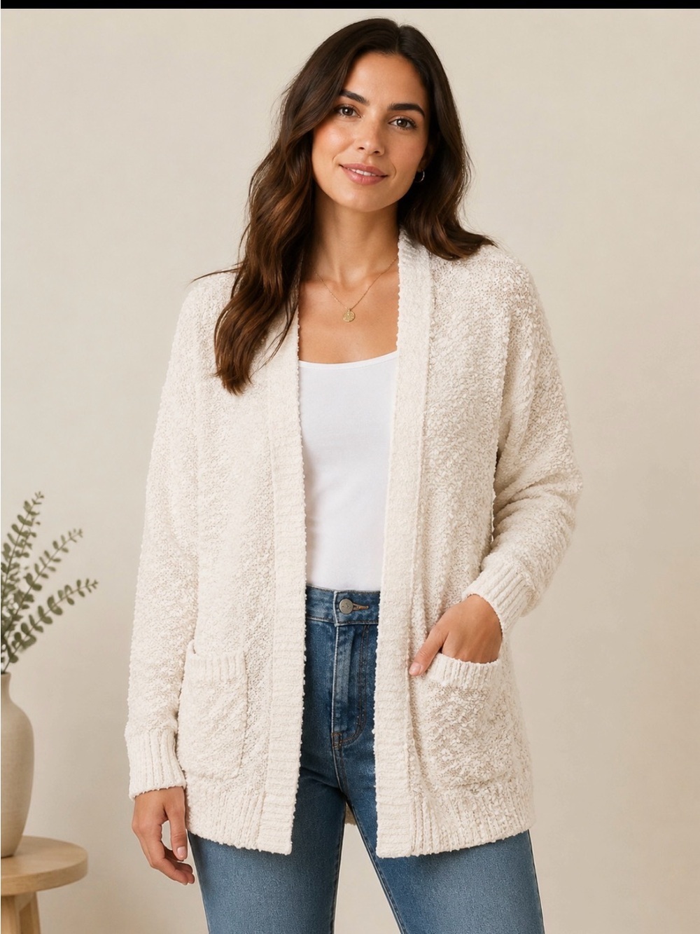 debut Cream Open-Front Bouclé Cardigan with Pockets Size Medium